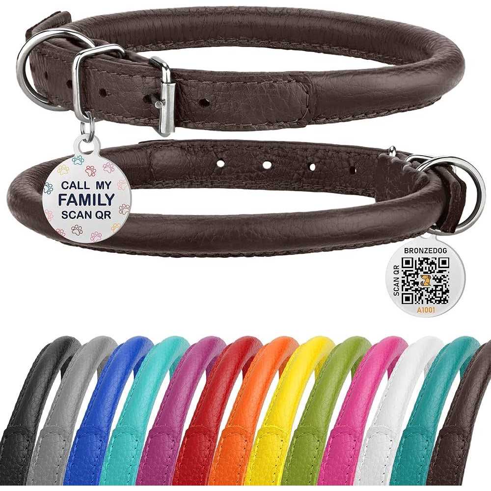 Rolled Leather Dog Collar with QR ID Dog Tag Q7683