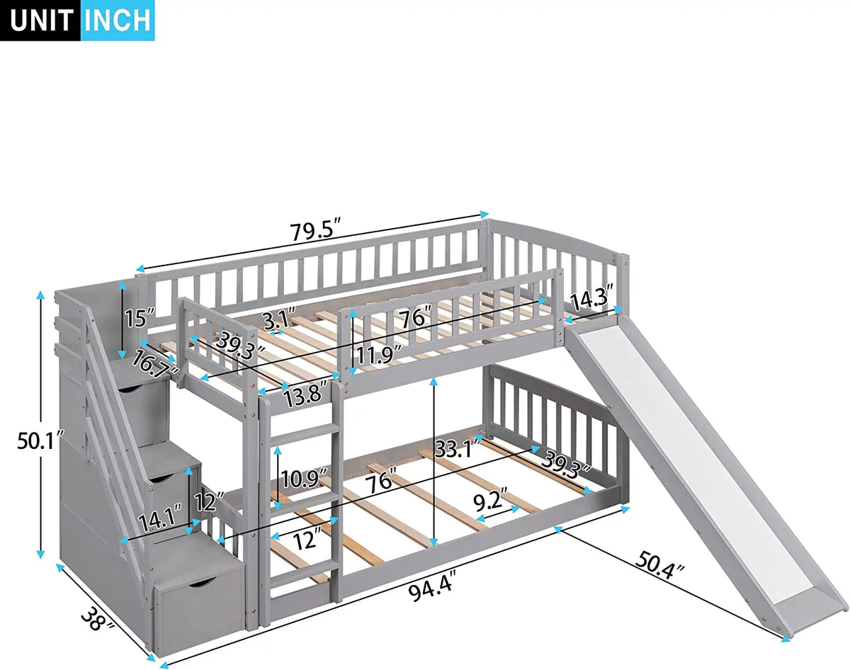 Wooden Bunk Bed with Slide and Guardrail T422785