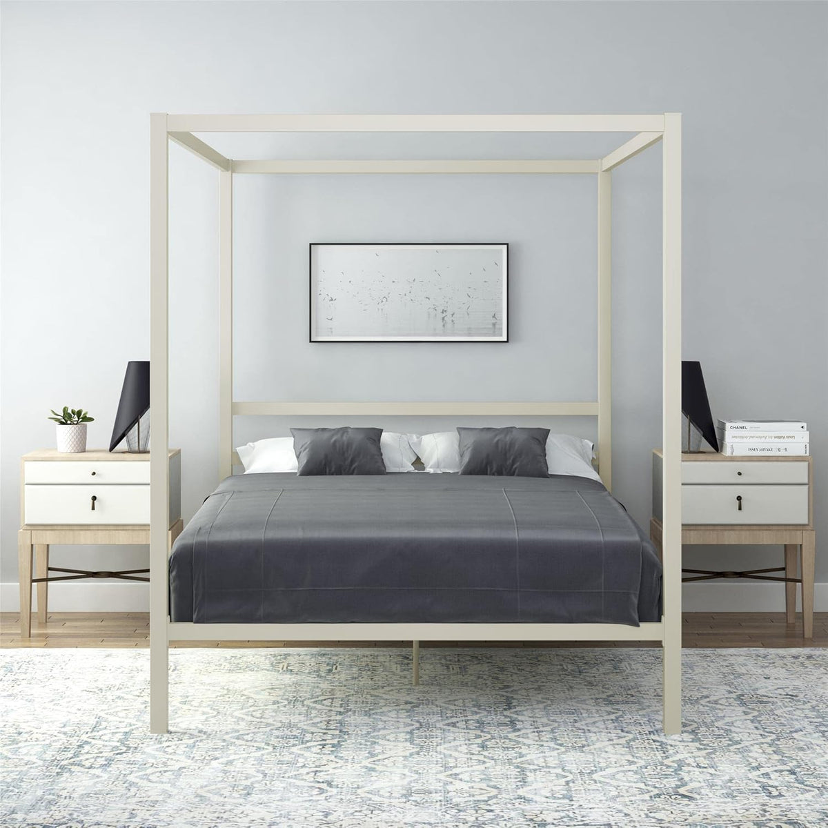 King Size Gray Canopy Bed with Built-in Headboard P218388