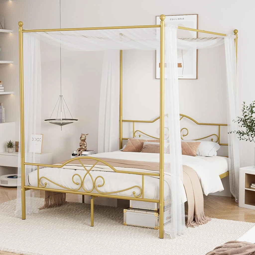 Full Size Gold Metal Canopy Bed Frame with Headboard and Footboard J34441
