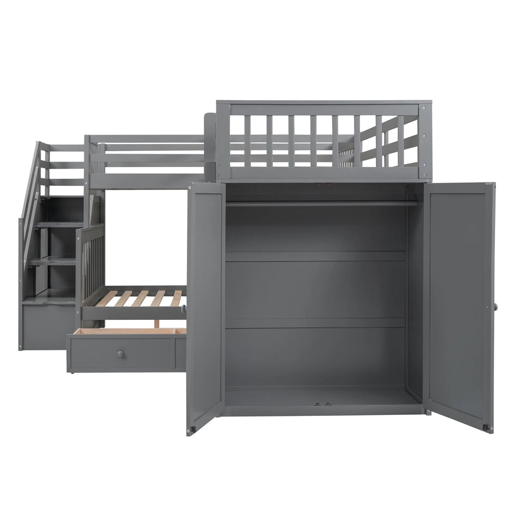 Twin-Twin Over Full L-Shaped Bunk Bed with Wardrobe and Desk I34736