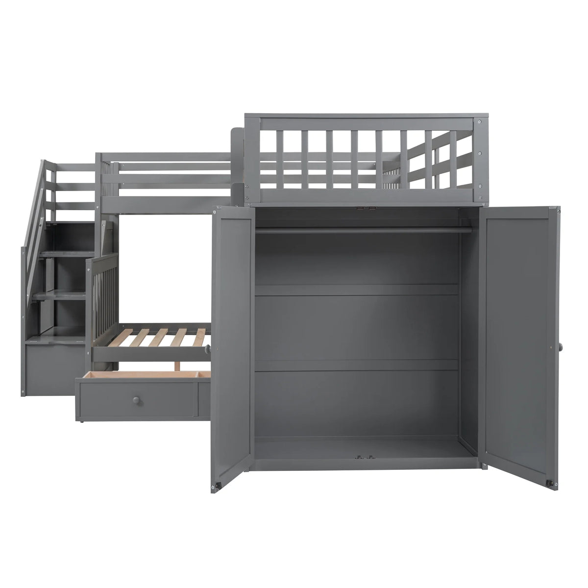 Twin-Twin Over Full L-Shaped Bunk Bed with Wardrobe and Desk I34736