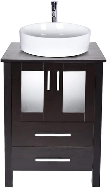 24-Inch MDF Wood Dark Coffee Bathroom Vanity with Square Glass Sink Top T25859