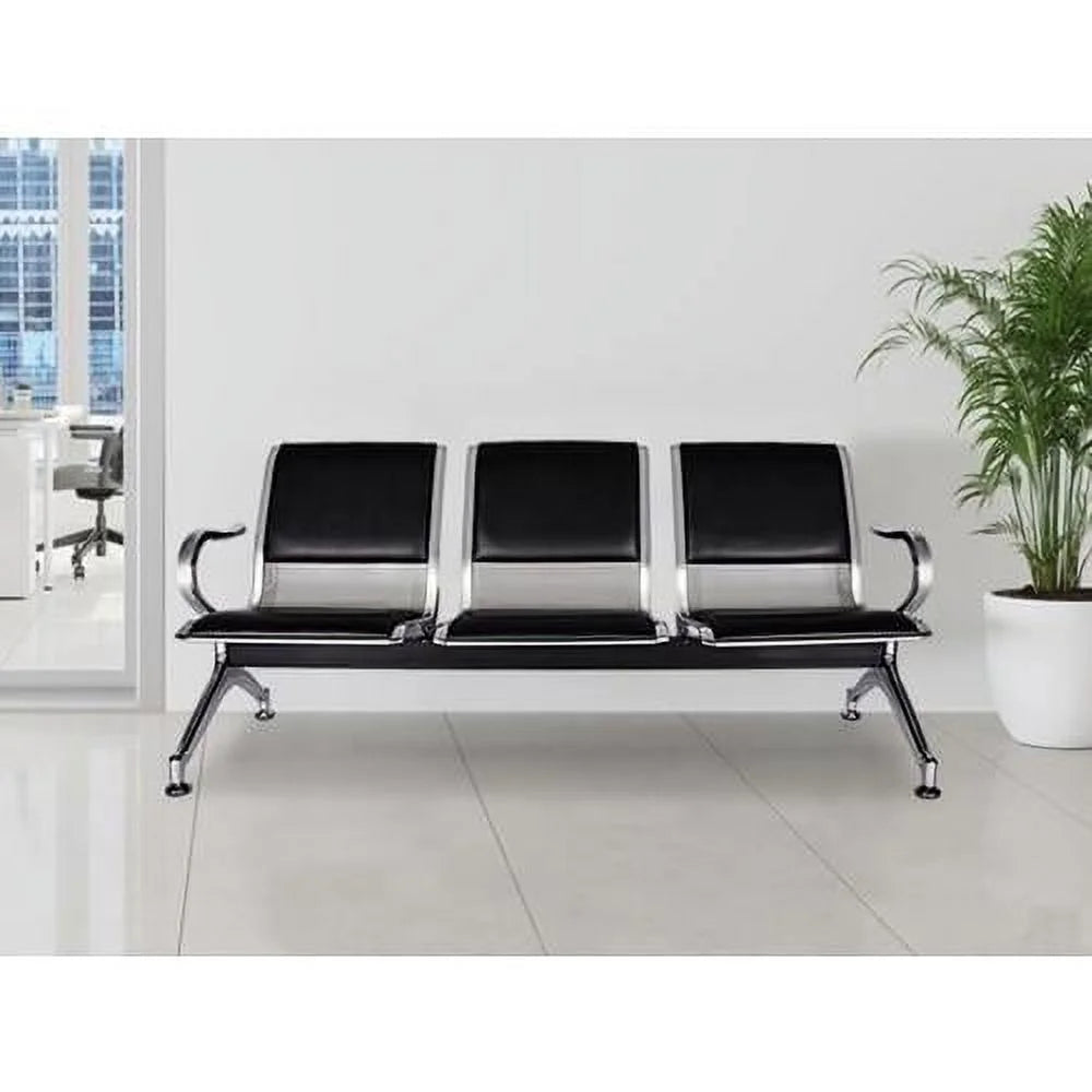Black 3-Seat PU Leather Reception Chairs with Arms D9399