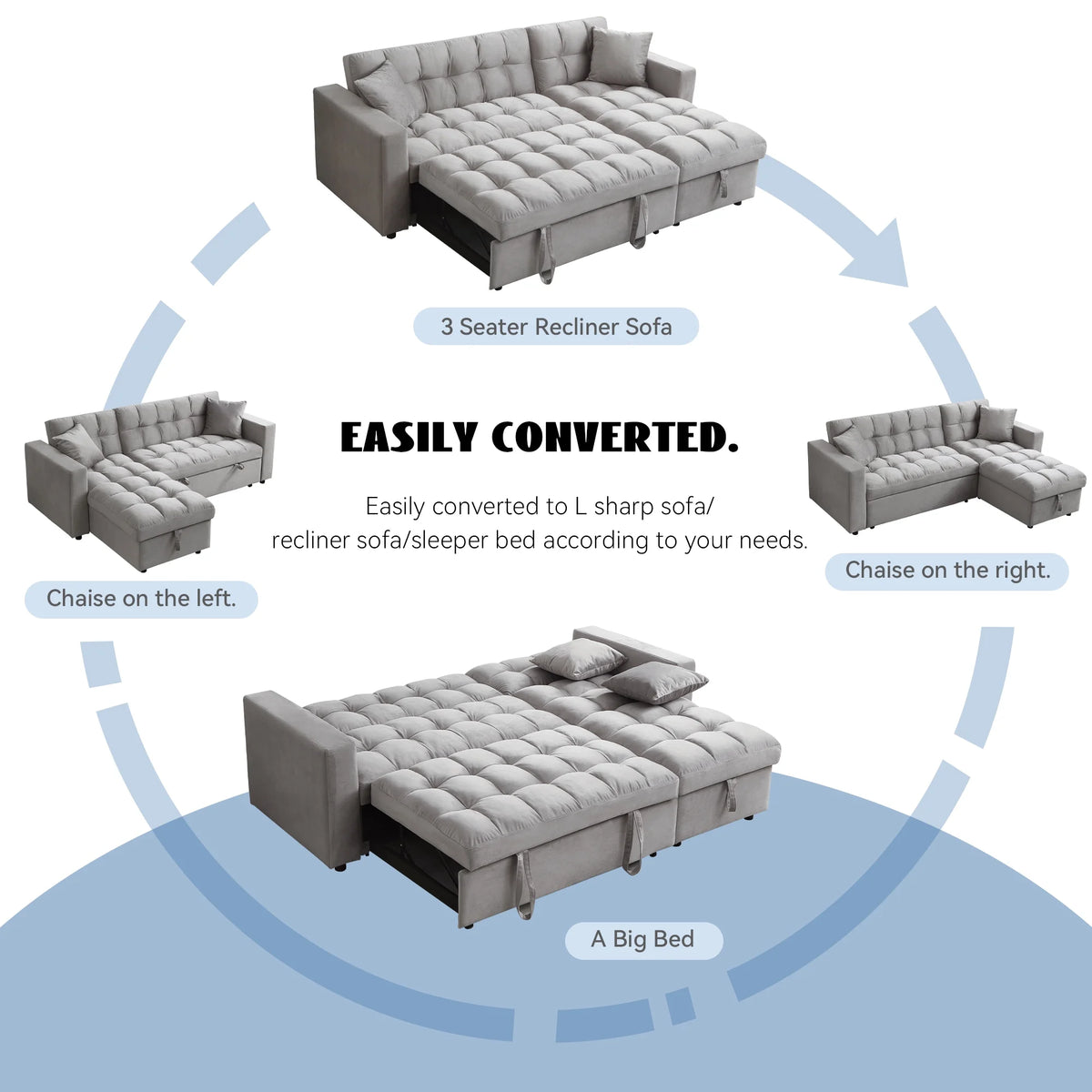 Queen Size L-Shaped Sleeper Sofa Bed with Storage Chaise N2646