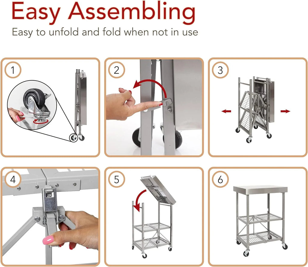 Stainless Steel 3-Tier Foldable Rolling Cart B6924