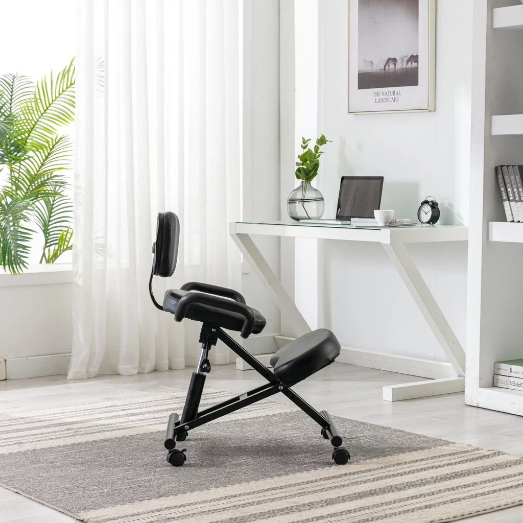 Black Leather Ergonomic Kneeling Chair with Arm and Adjustable Height D242