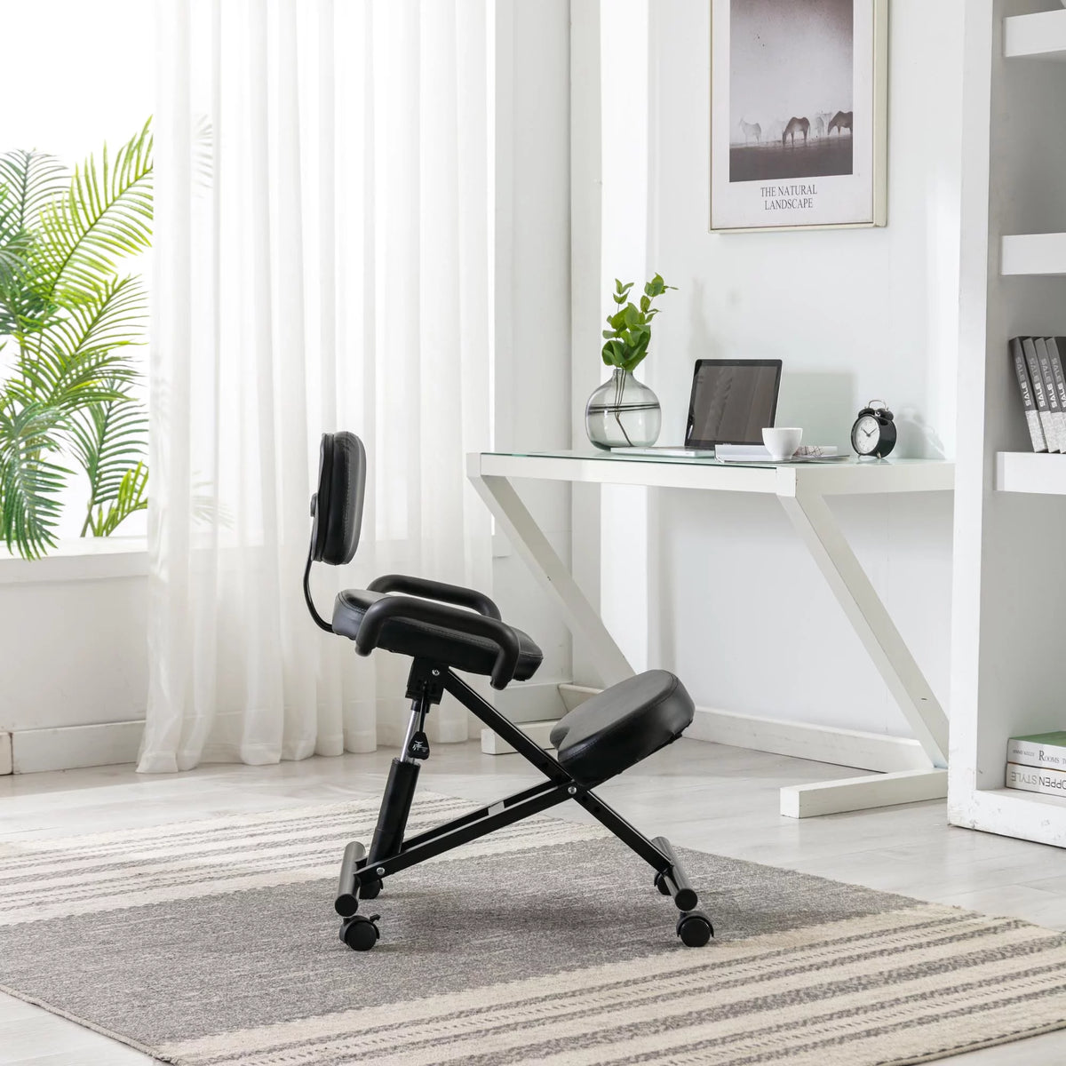 Black Leather Ergonomic Kneeling Chair with Arm and Adjustable Height D242