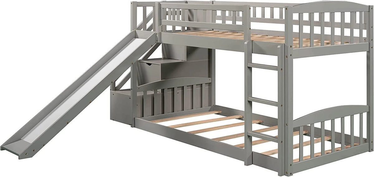 Wooden Bunk Bed with Slide and Guardrail T422785