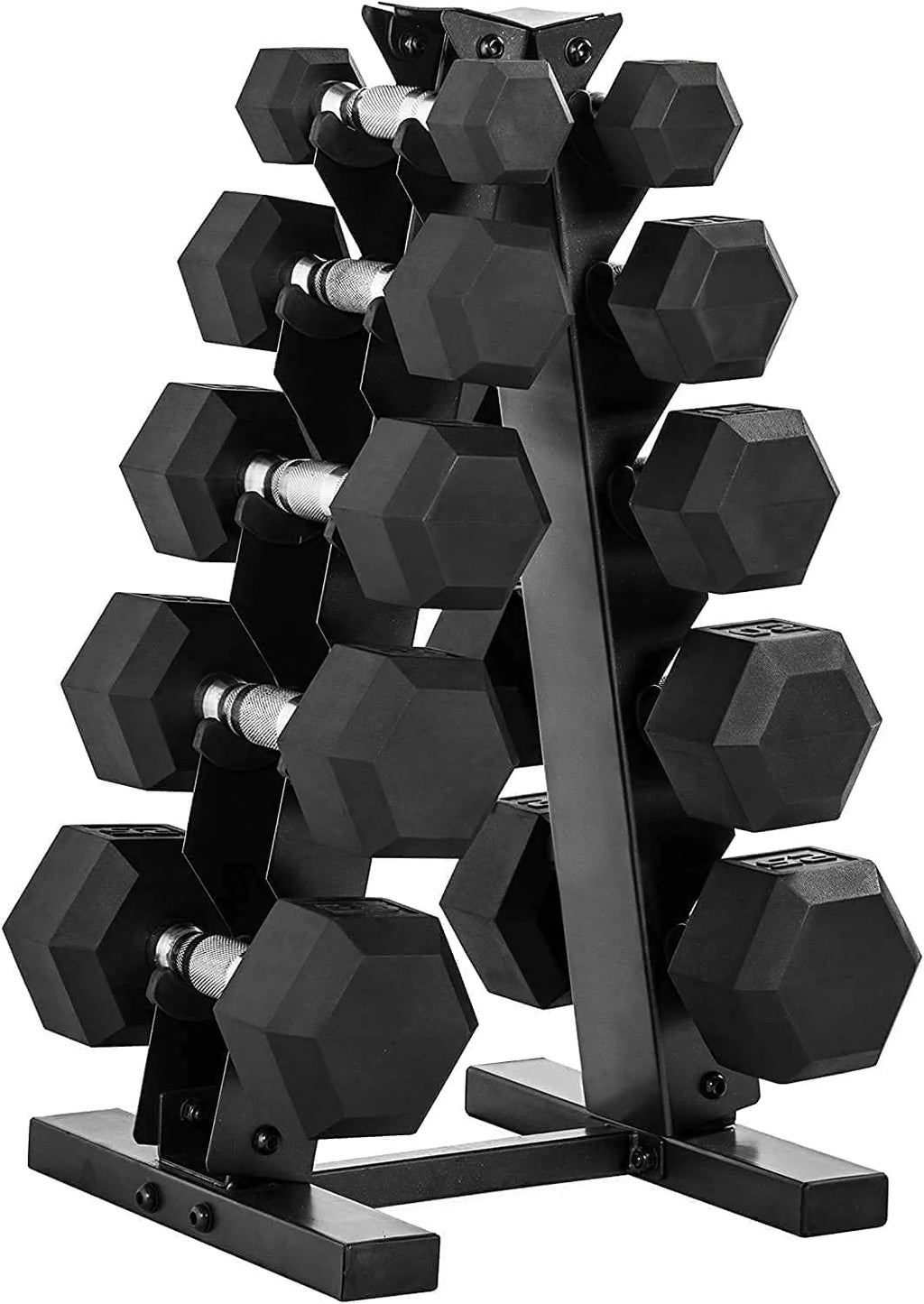 5-25 Lb. Rubber Coated Hex Dumbbell Set with Storage Rack L87259
