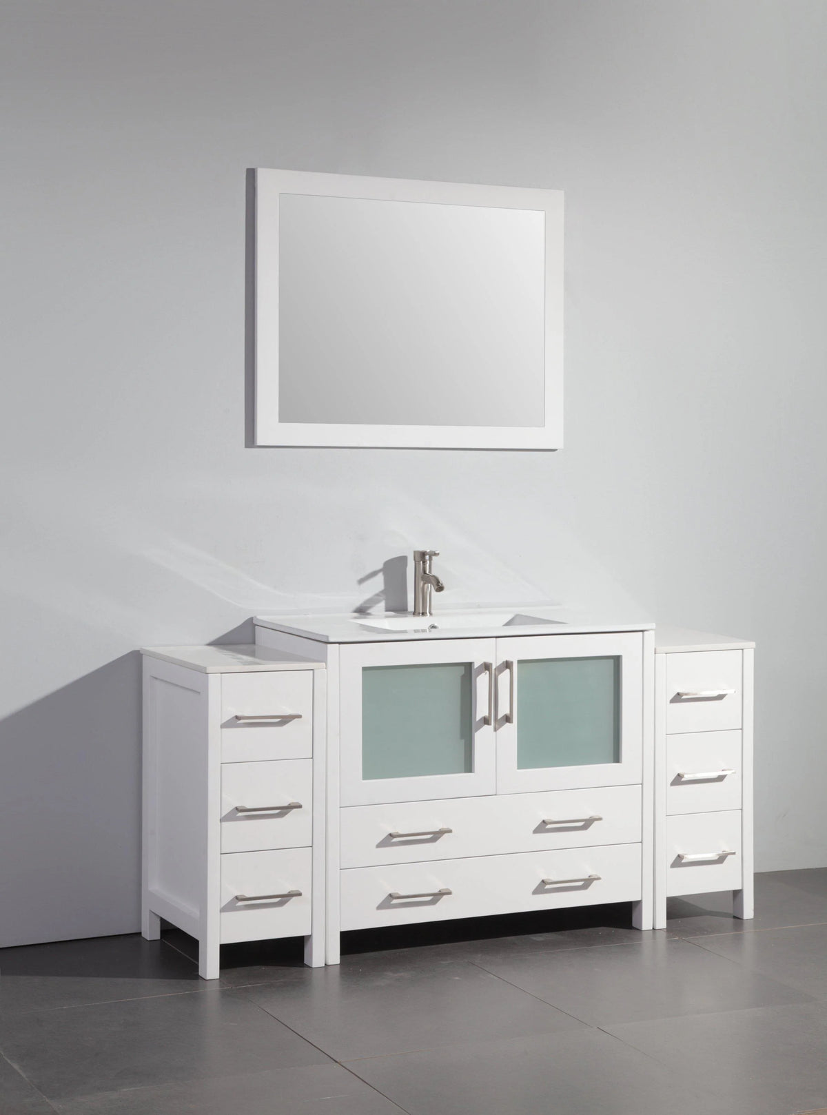 60 in. Single Sink White Ceramic Vanity Cabinet with Mirror E463289
