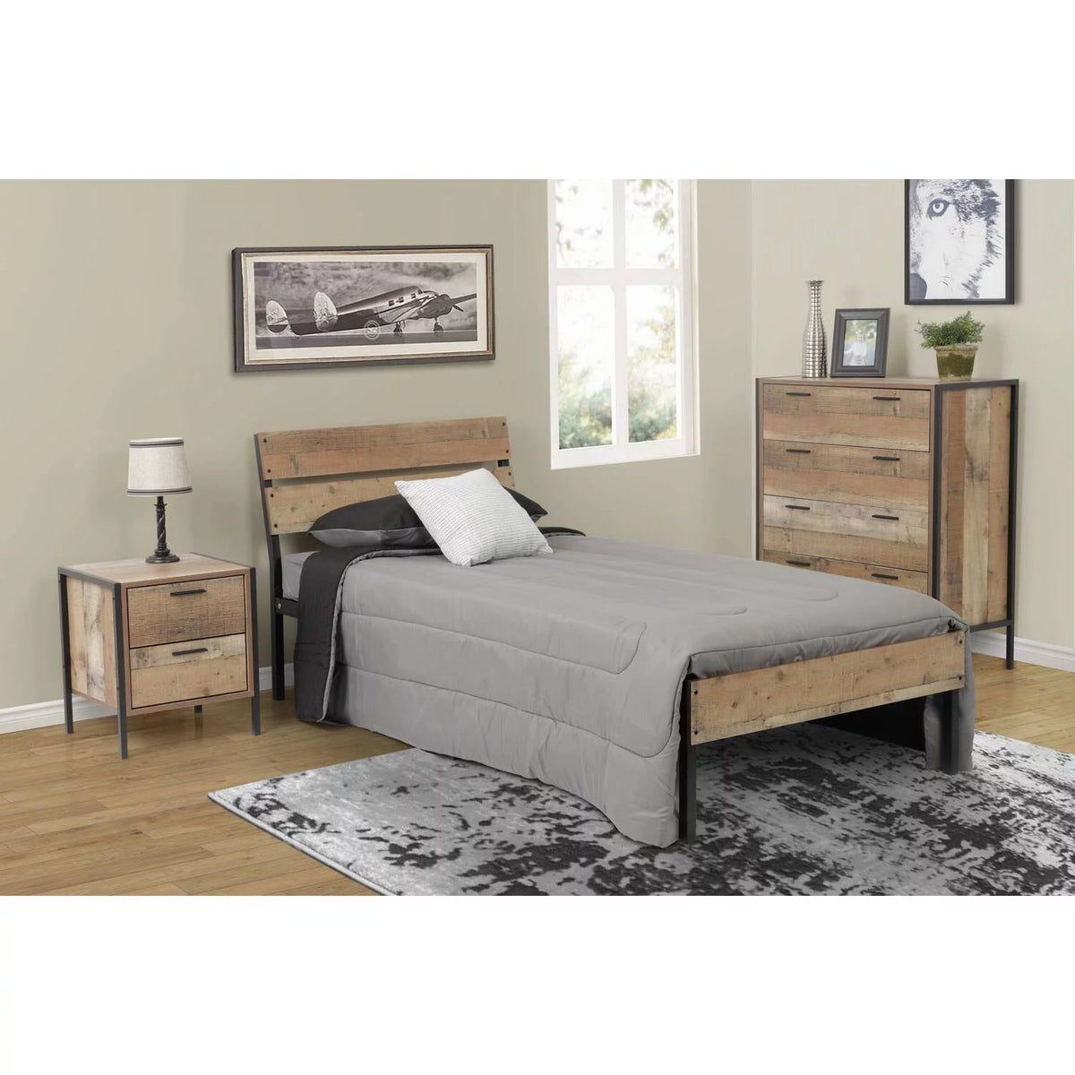Twin Bed Frame with Black Metal Base and Rustic Barnwood Headboard and Footboard G3942