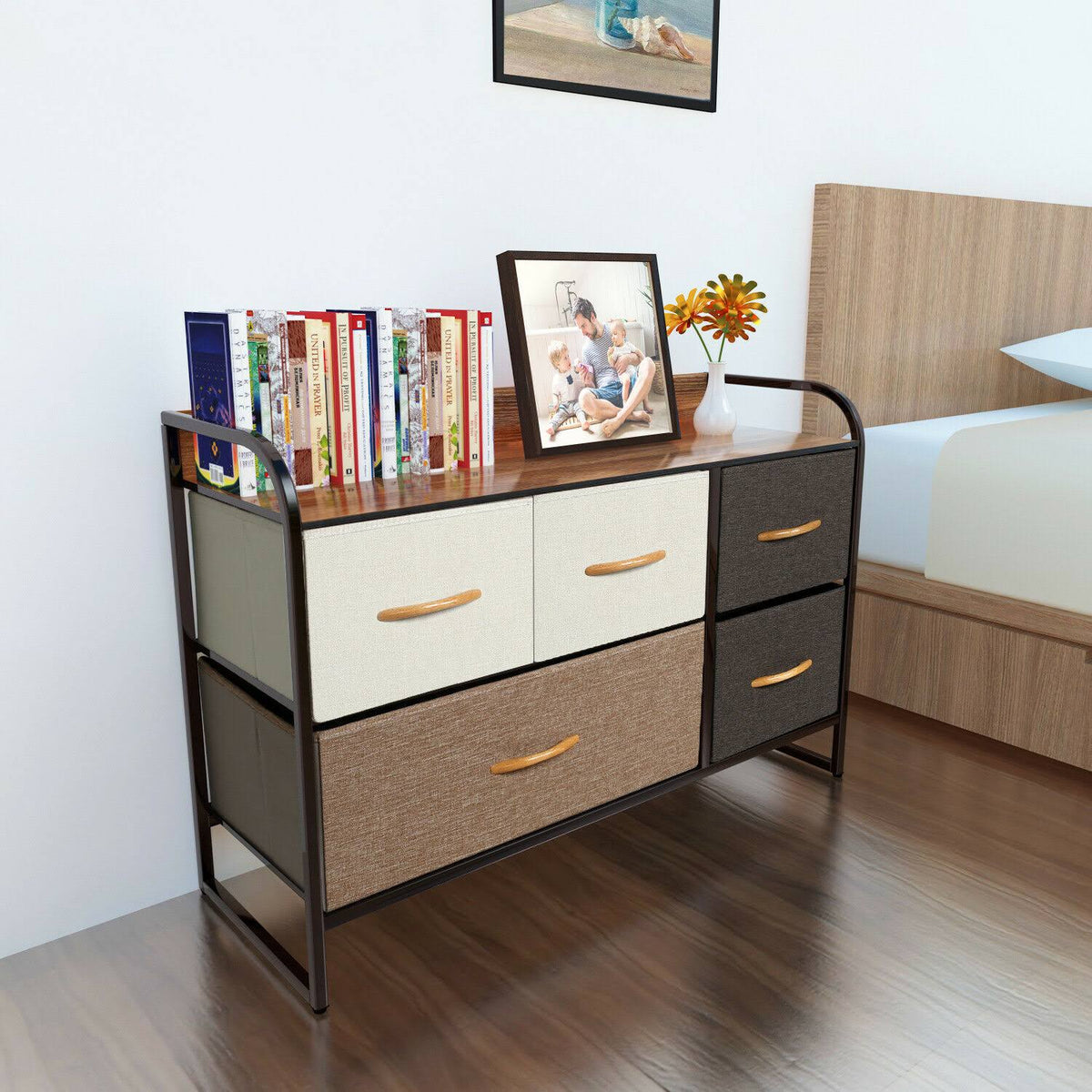 5 Fabric Drawers Metal Frame Dresser F4422