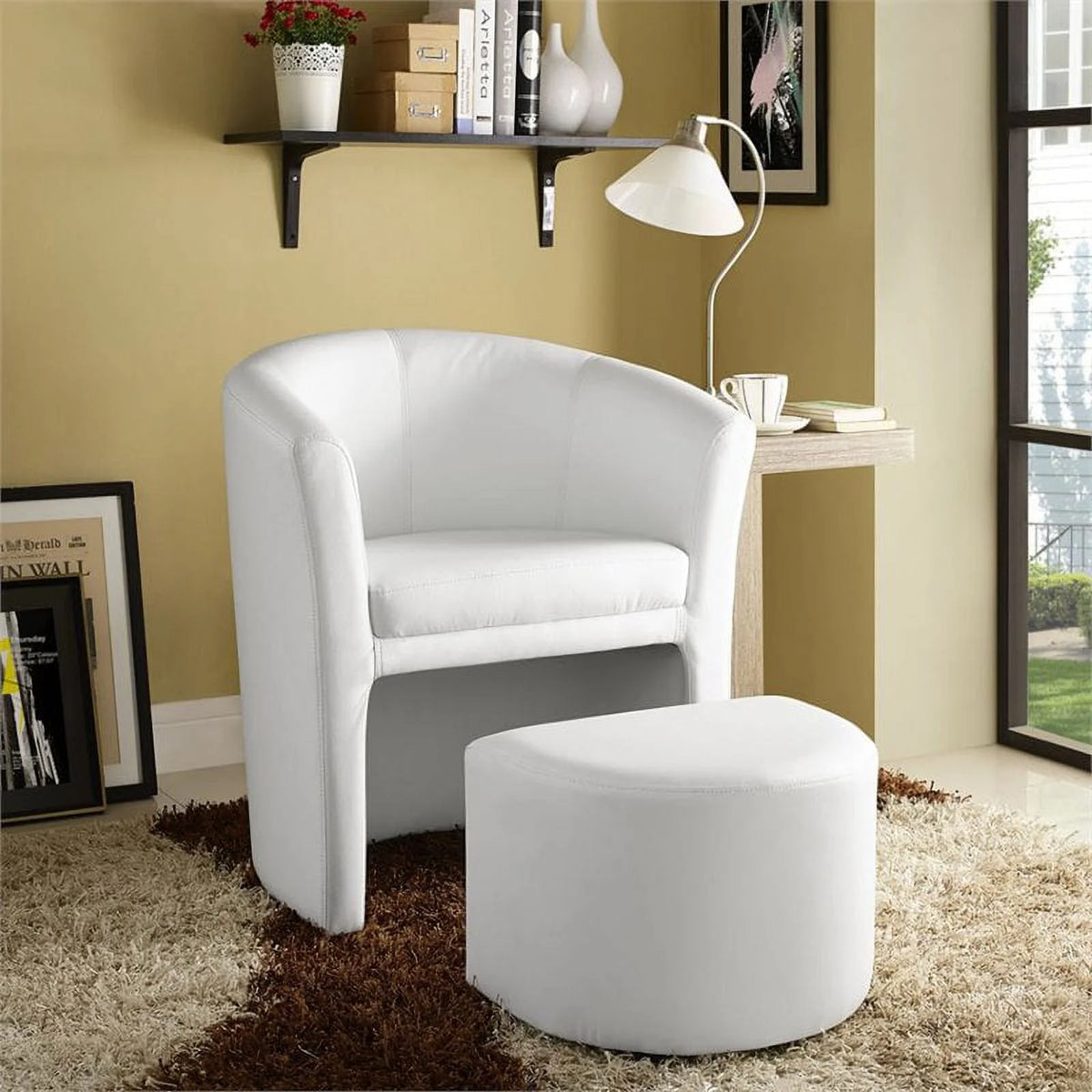 White Faux Leather Accent Chair with Ottoman F64279