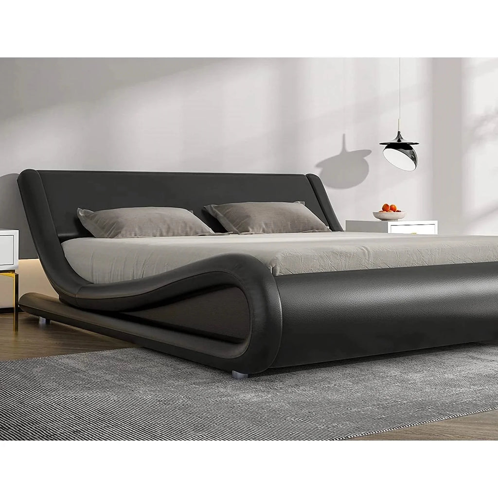 Black Faux Leather Upholstered Platform Bed Frame with Headboard Q224