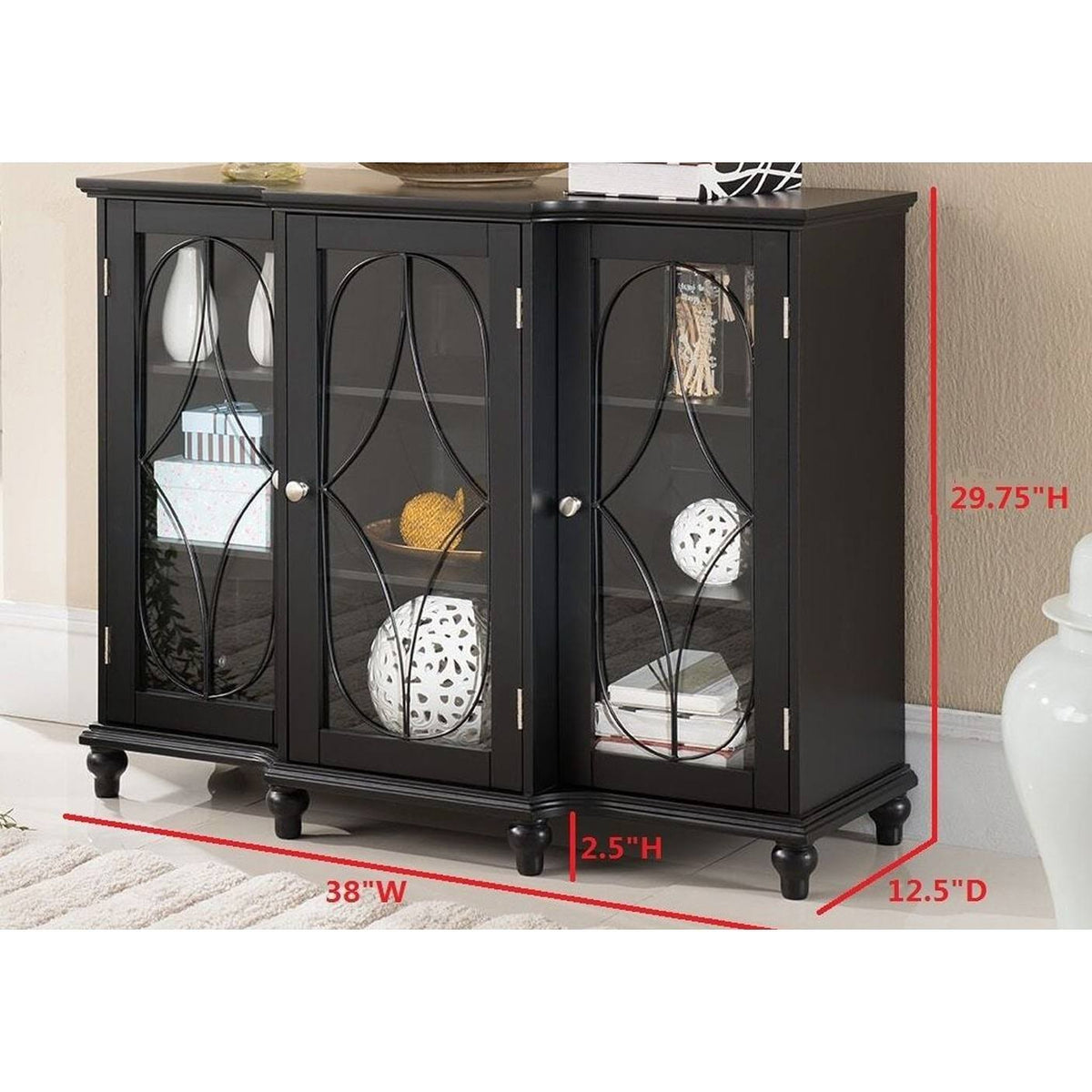 Black Wood Sideboard Buffet Console Table with Glass Cabinet Doors I945142