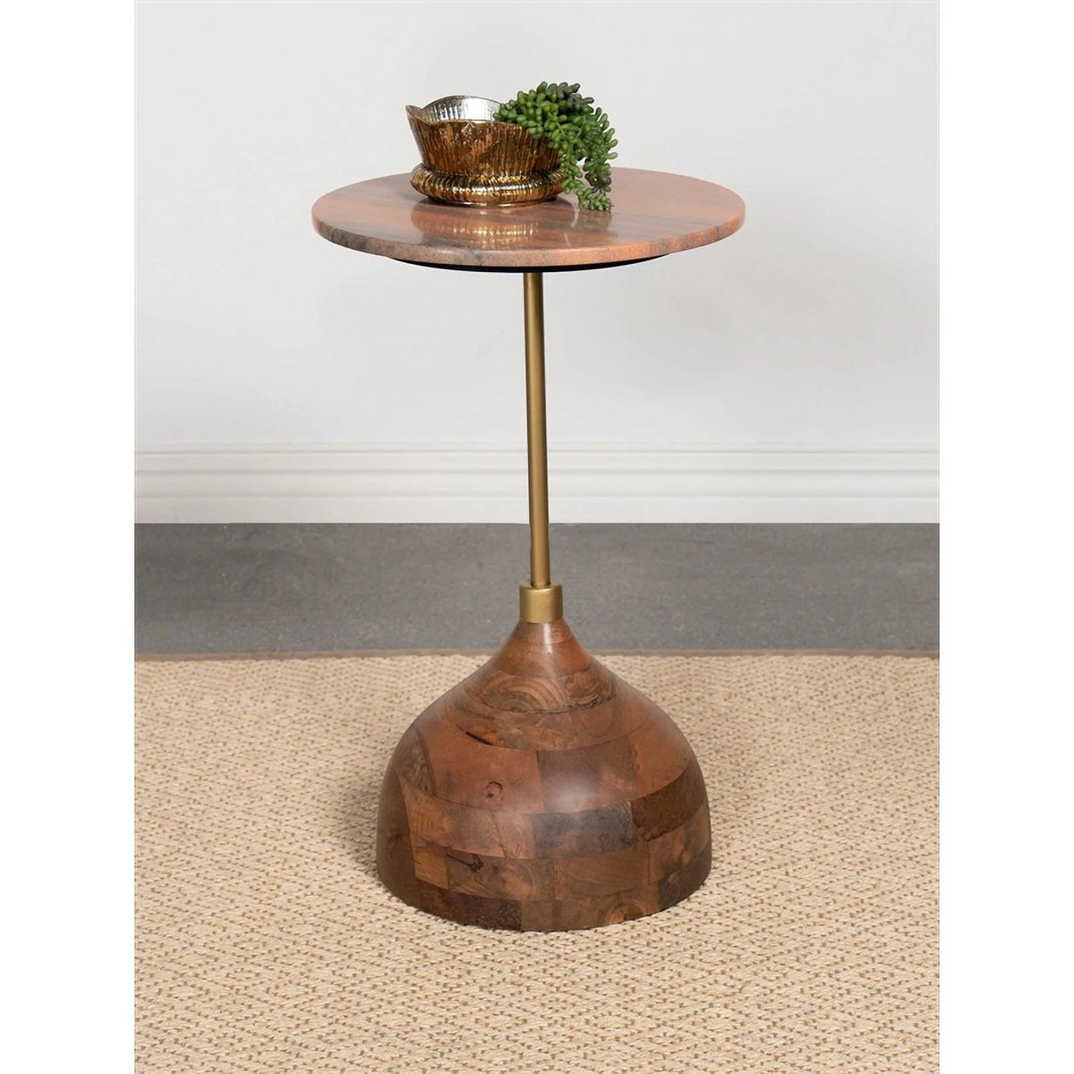Contemporary Round Marble Top Side Table in Peach and Brown F856