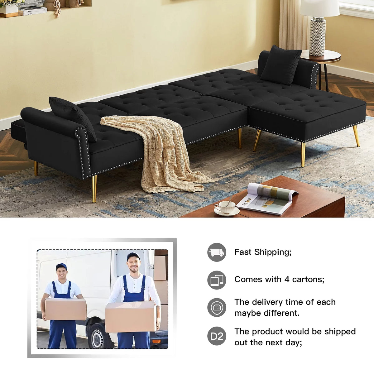 Velvet L Shaped Reversible Sectional Couch with Ottoman Q489