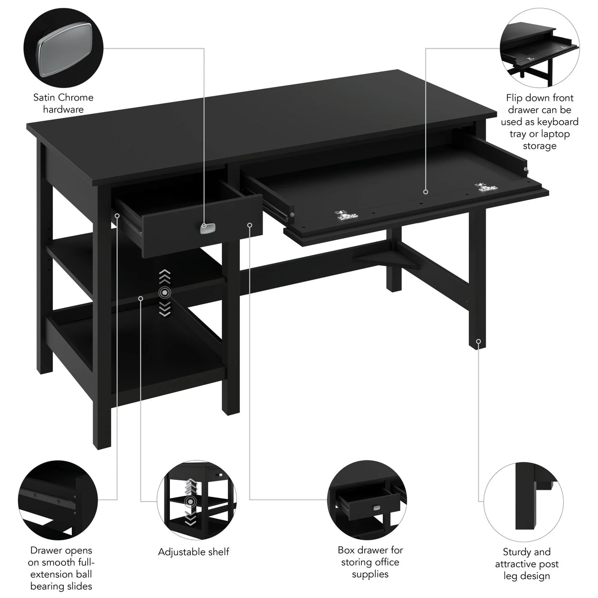 54W Computer Desk with Shelves in Classic Black Z72343