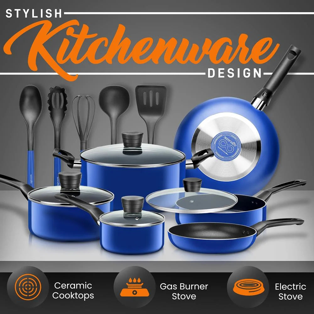 15 Piece Non Stick Blue Cookware Set O9617