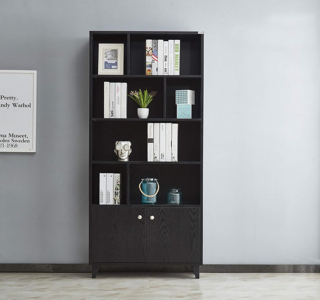 Modern Bookcase with 2 Doors 68 Tall Wooden Bookshelf with 7 Compartments L6733