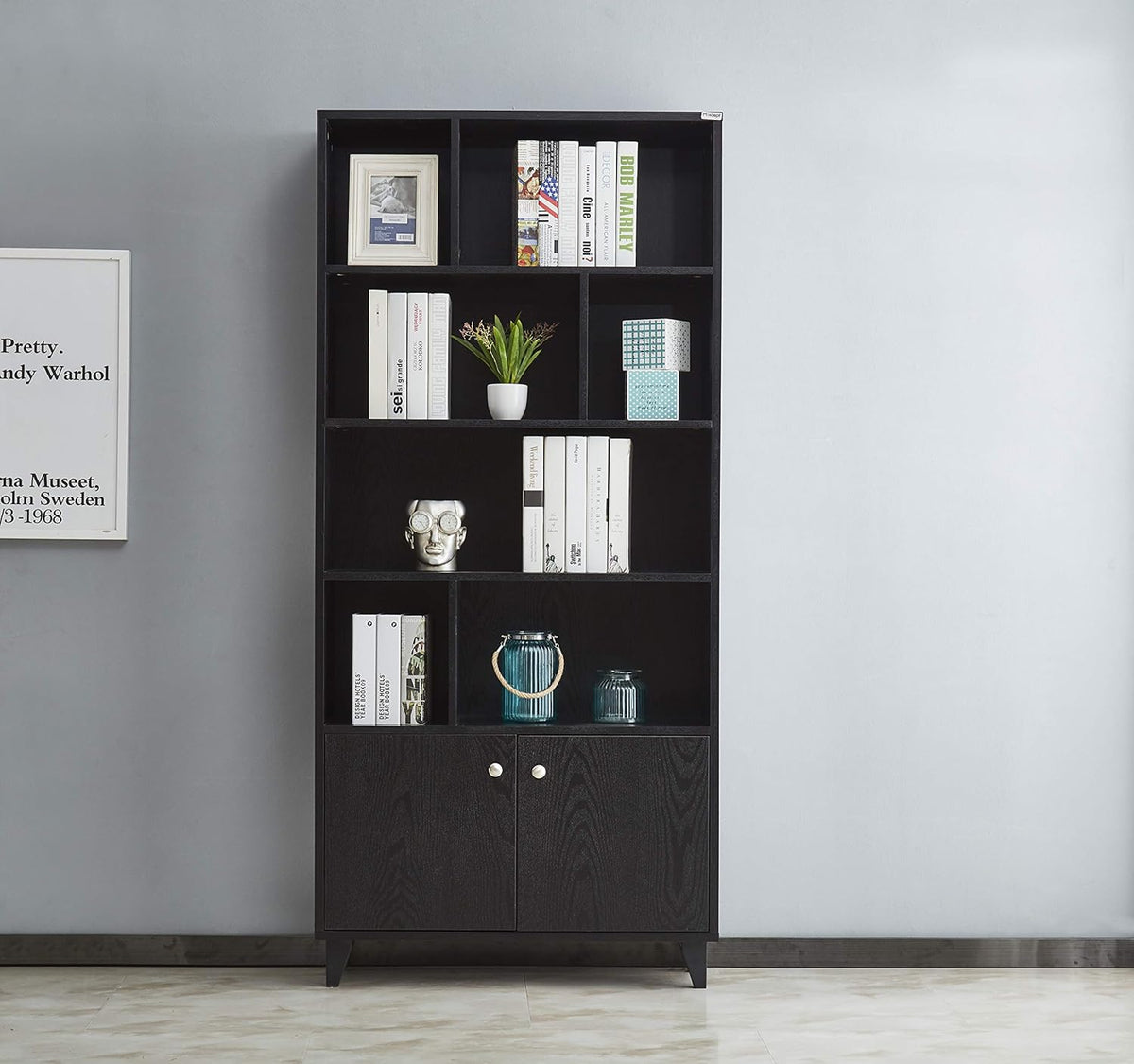 Modern Bookcase with 2 Doors 68 Tall Wooden Bookshelf with 7 Compartments L6733