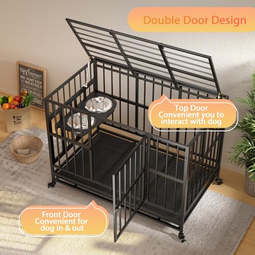 48" Heavy-Duty Dog Crate with Wheels, Dual Bowls N9046