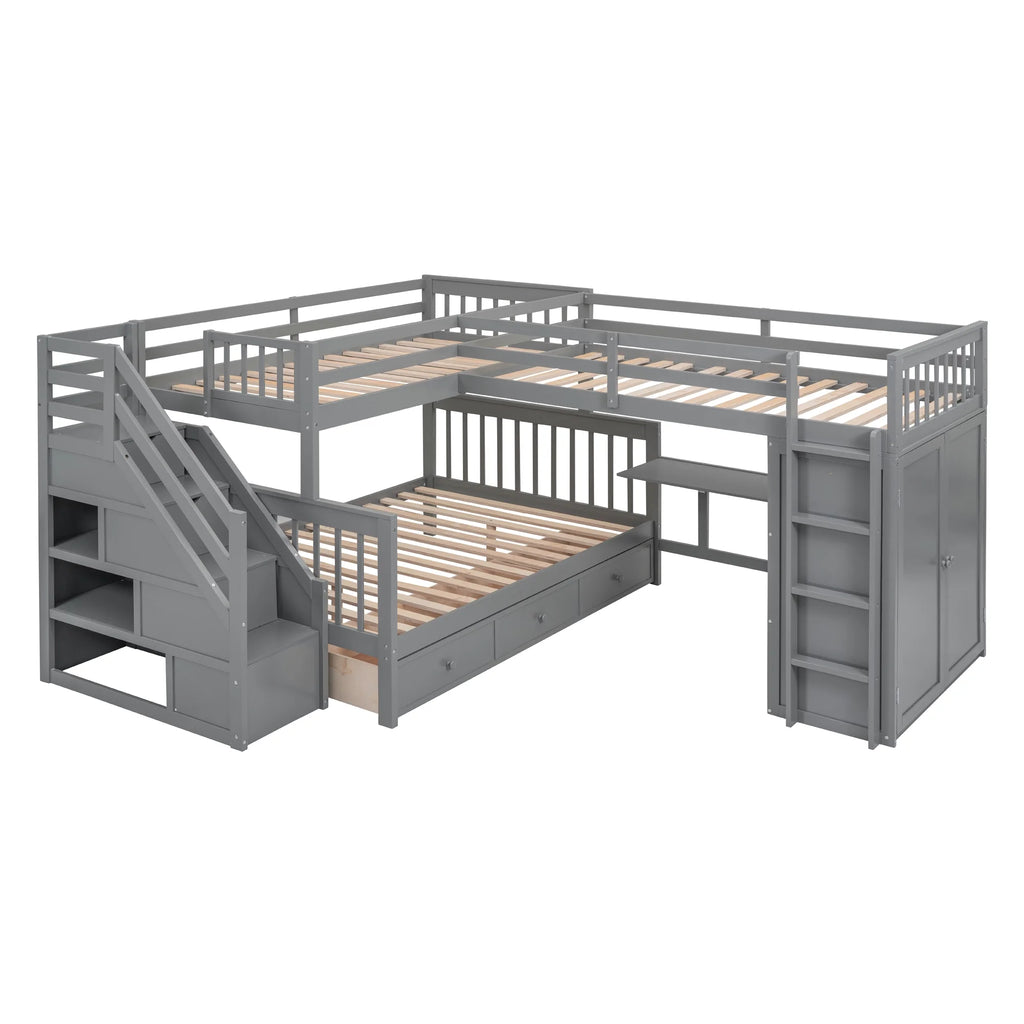 Twin-Twin Over Full L-Shaped Bunk Bed with Wardrobe and Desk I34736