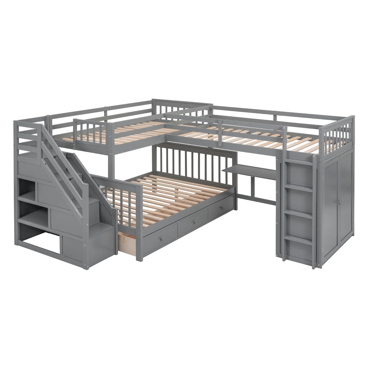 Twin-Twin Over Full L-Shaped Bunk Bed with Wardrobe and Desk I34736
