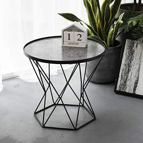 Round Metal Accent Sofa End Table Glass Ceramic Tile Top B9880