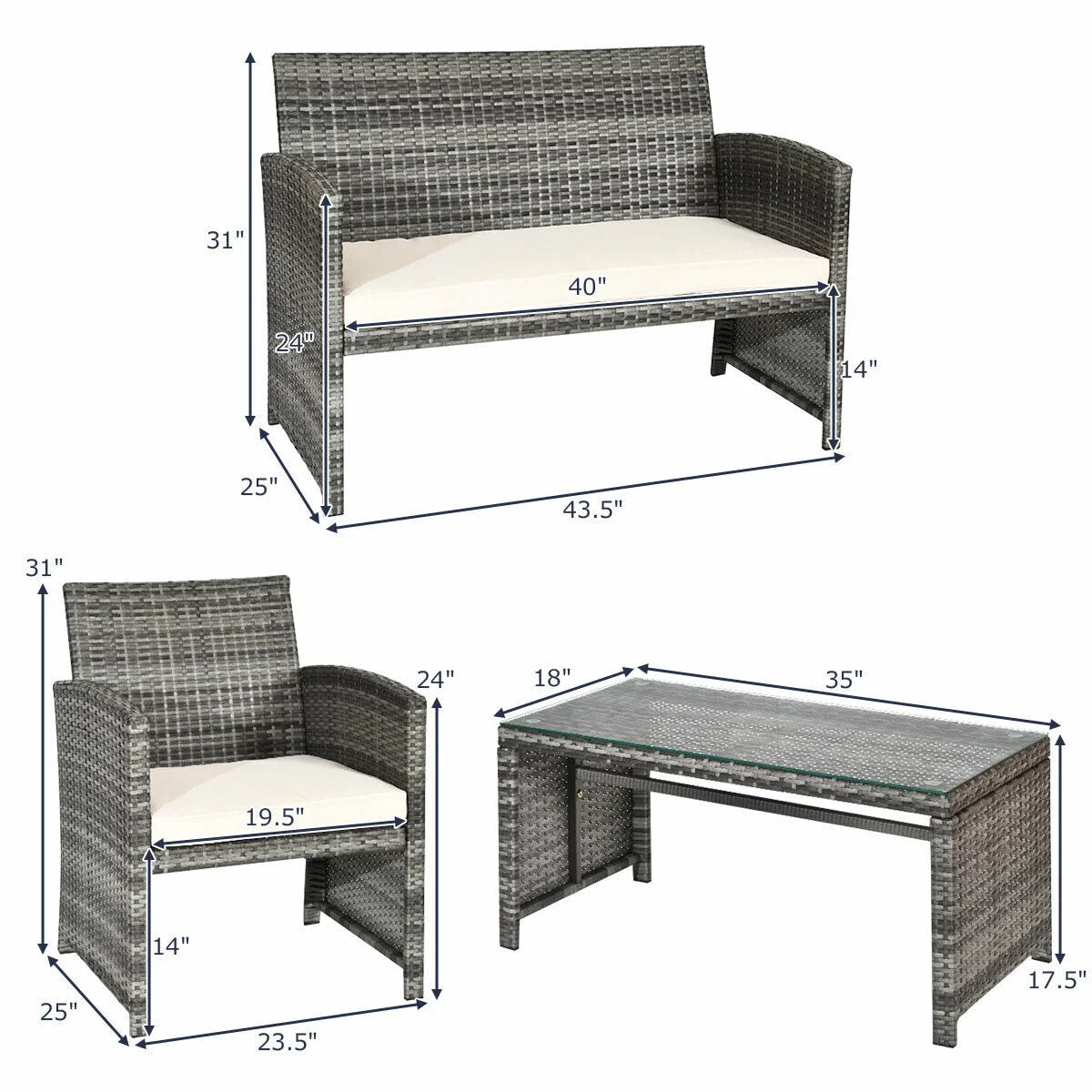 White Rattan Patio Furniture Set with Glass Table Top Cushioned Sofa F127