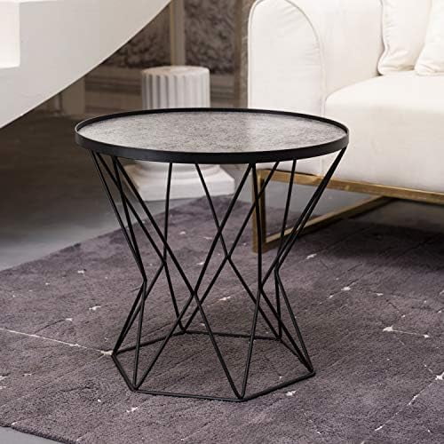 Round Metal Accent Sofa End Table Glass Ceramic Tile Top B9880