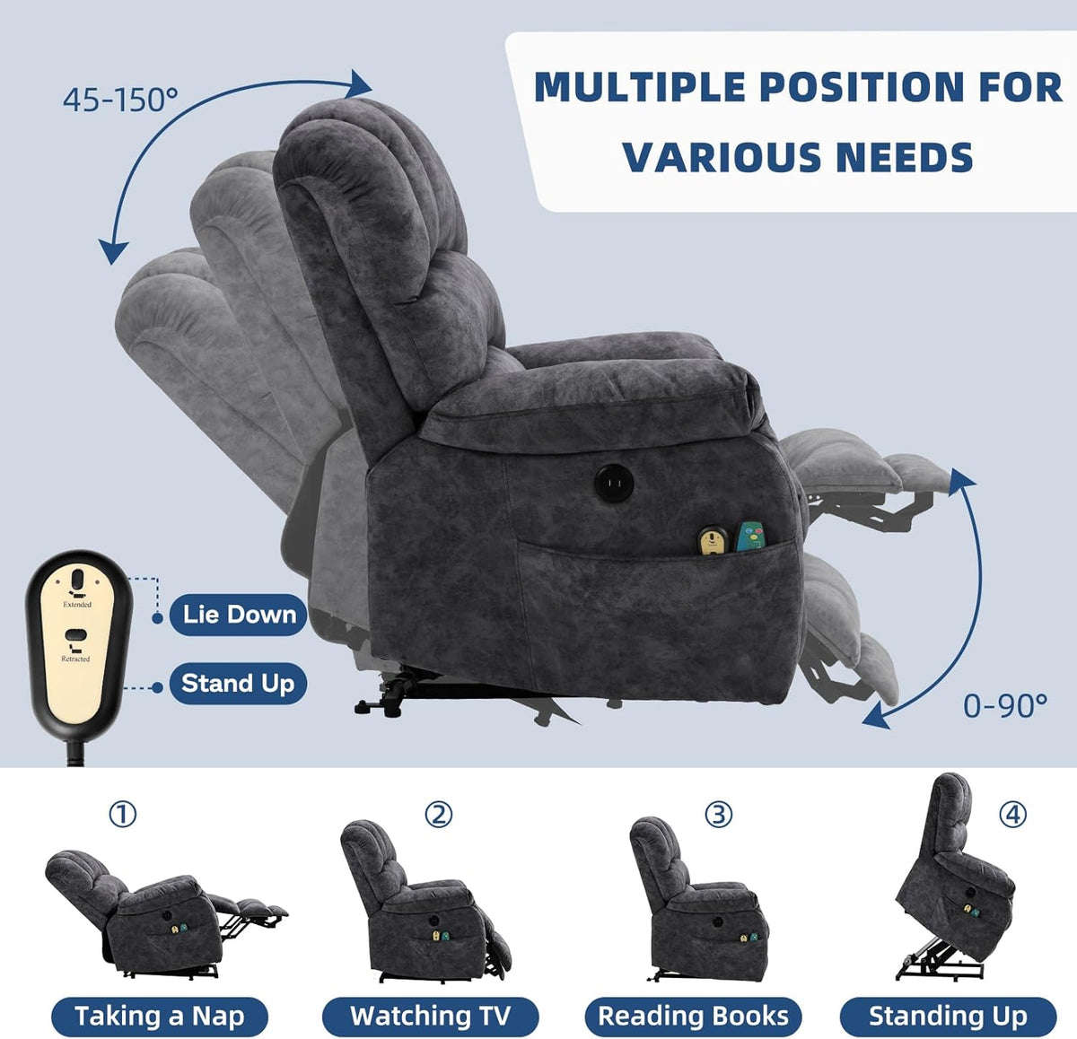 Large Electric Power Lift Recliner Chair with Extended Footrest, Gray L296