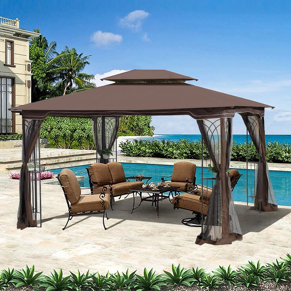 Brown Outdoor Patio Gazebo Canopy Tent With Mosquito Net J236337