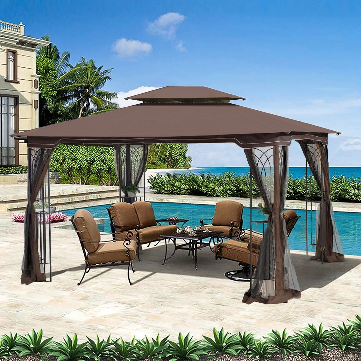 Brown Outdoor Patio Gazebo Canopy Tent With Mosquito Net J236337