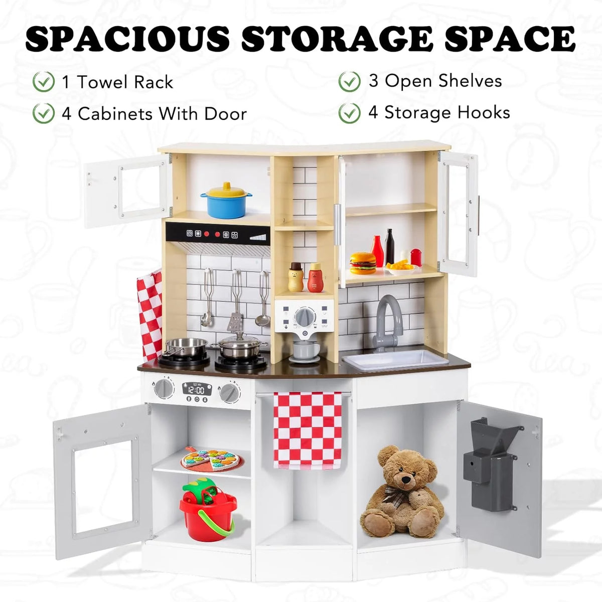 Wooden Play Kitchen with Sink Microwave Oven and Sound R4652