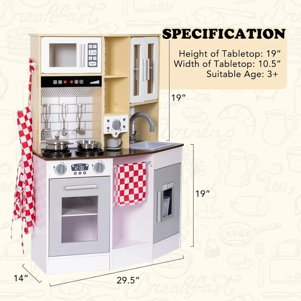 Wooden Play Kitchen with Sink Microwave Oven and Sound R4652
