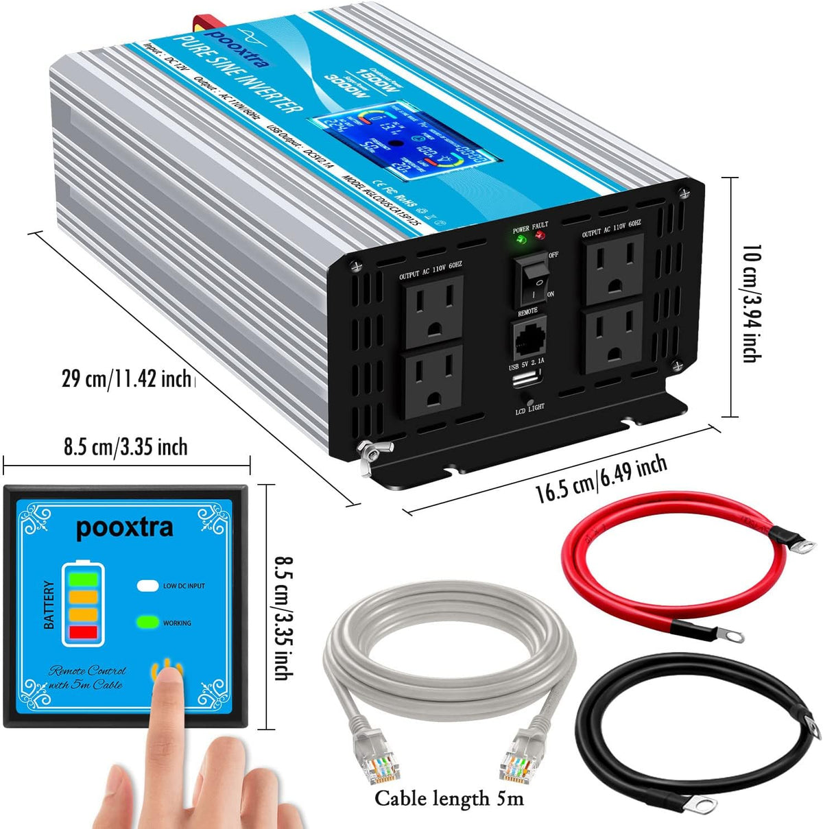 1500 Watt Pure Sine Wave Power Inverter 12V DC to 110V/120V AC with LCD Display USB Port 4AC Outlets V41910