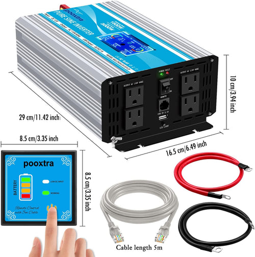 1500 Watt Pure Sine Wave Power Inverter 12V DC to 110V/120V AC with LCD Display USB Port 4AC Outlets V41910