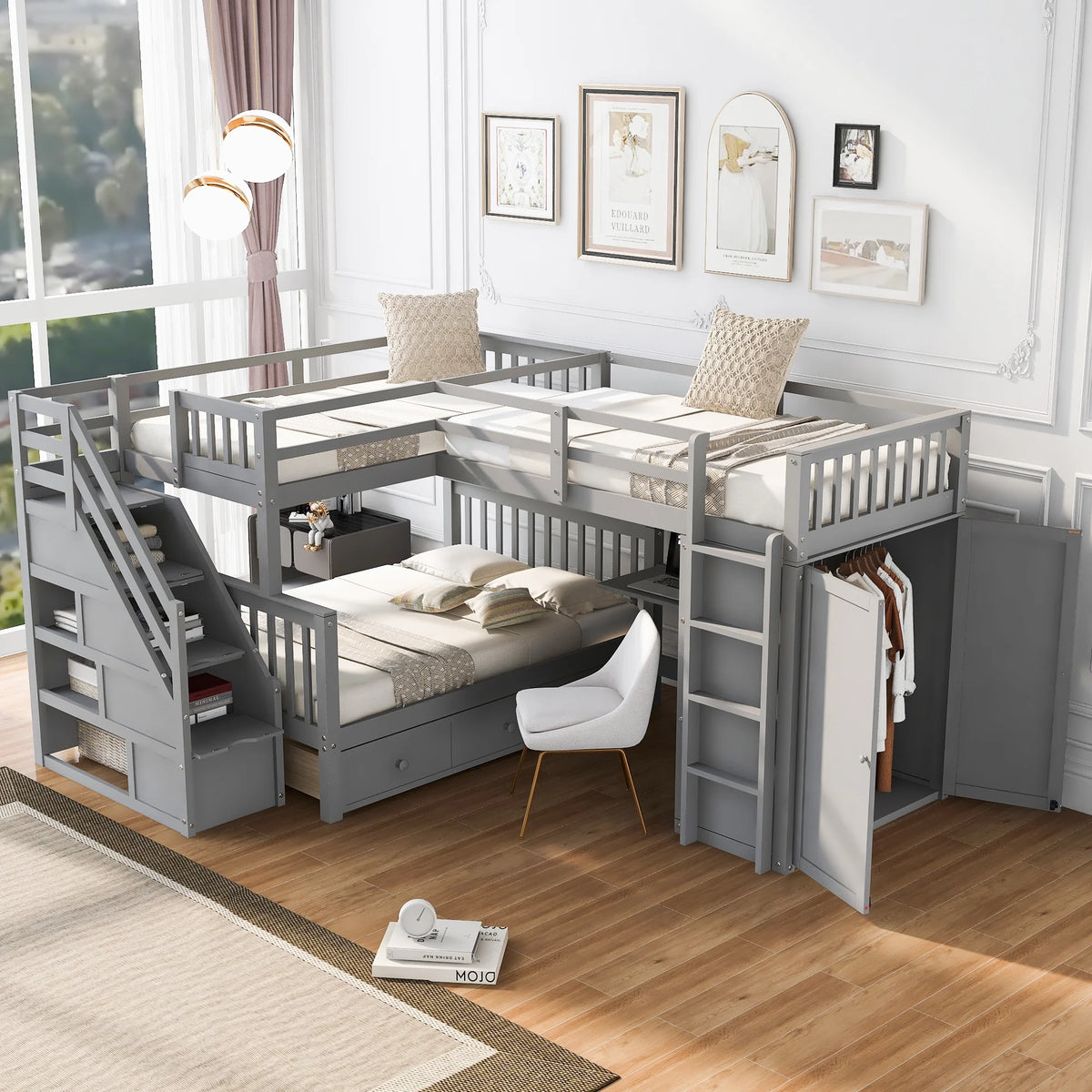 Twin-Twin Over Full L-Shaped Bunk Bed with Wardrobe and Desk I34736
