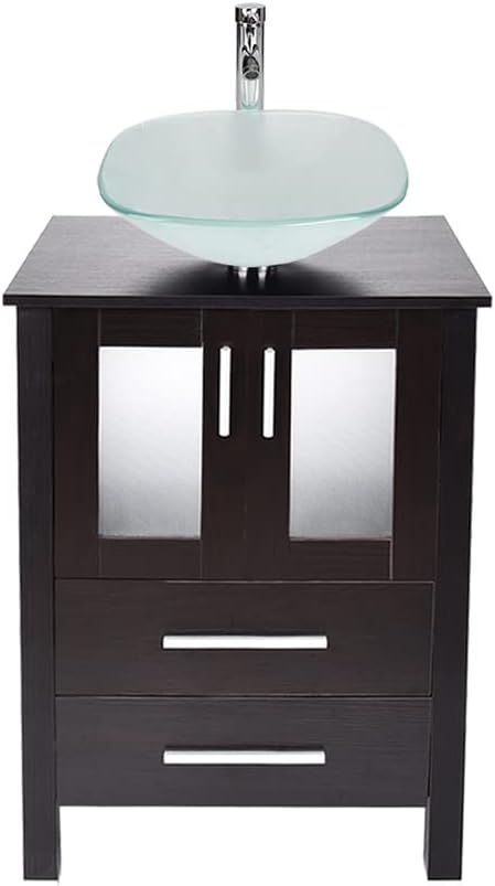 24-Inch MDF Wood Dark Coffee Bathroom Vanity with Square Glass Sink Top T25859