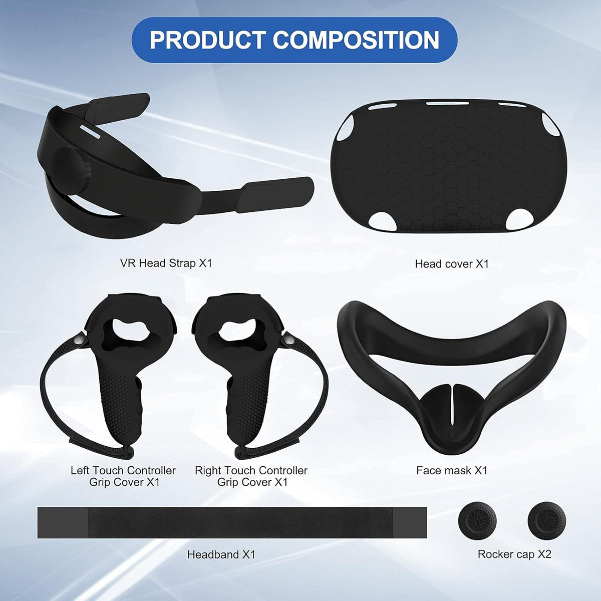 5-IN-1 VR Head Strap Kit with Face Cover, Controllers Cover, Cool Black E3519
