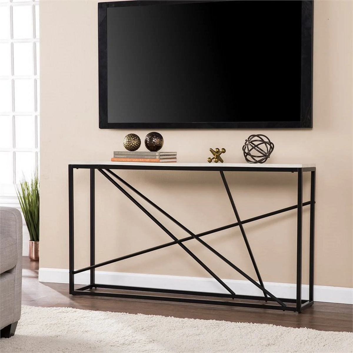 Faux Marble Skinny Console Table in Matte Black E59947