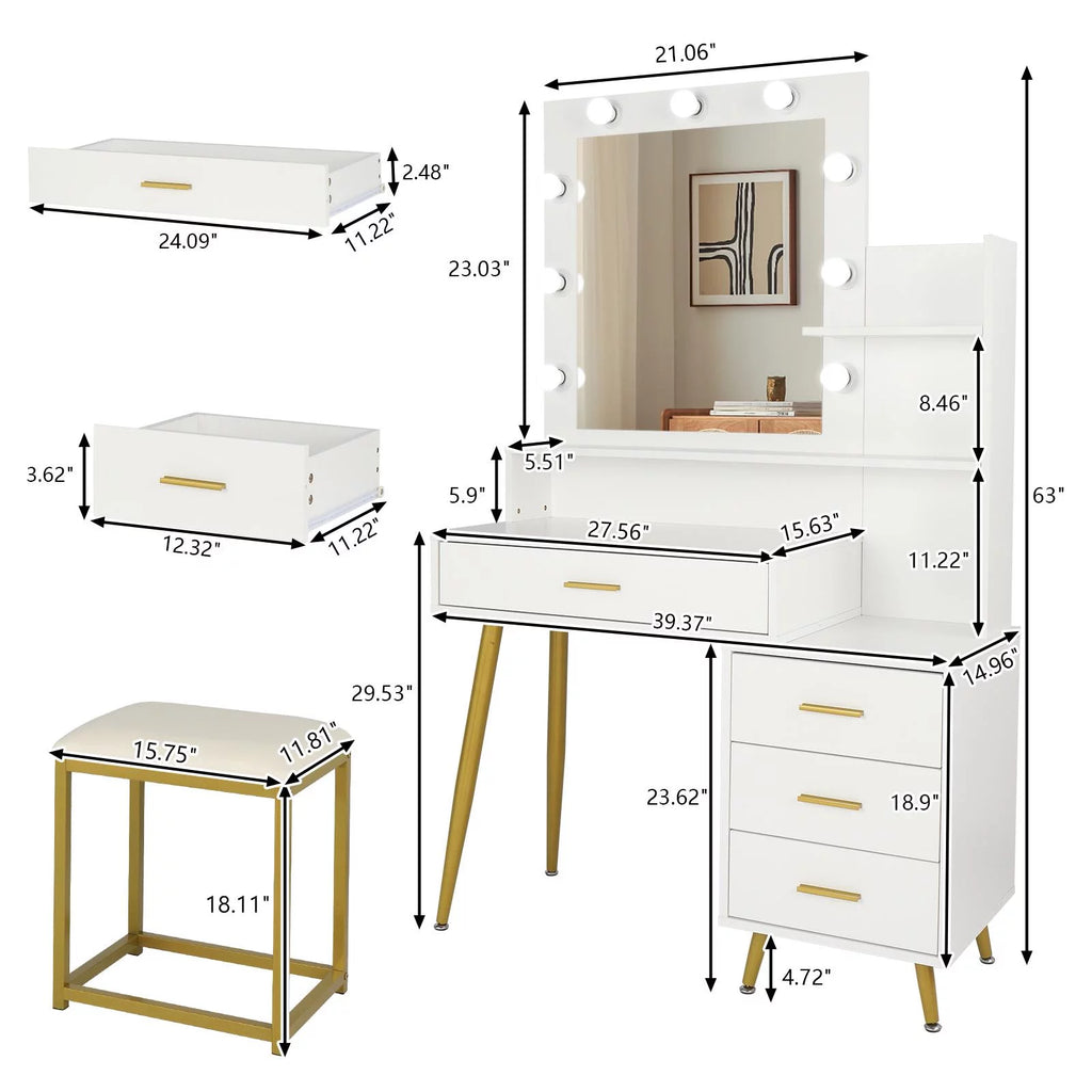 White Vanity Table Set with Lighted Mirror and 4 Drawers S165357