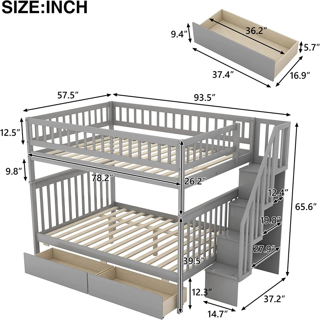 Full Over Full Wooden Bunk Bed with Stairs and Storage Drawers R9173