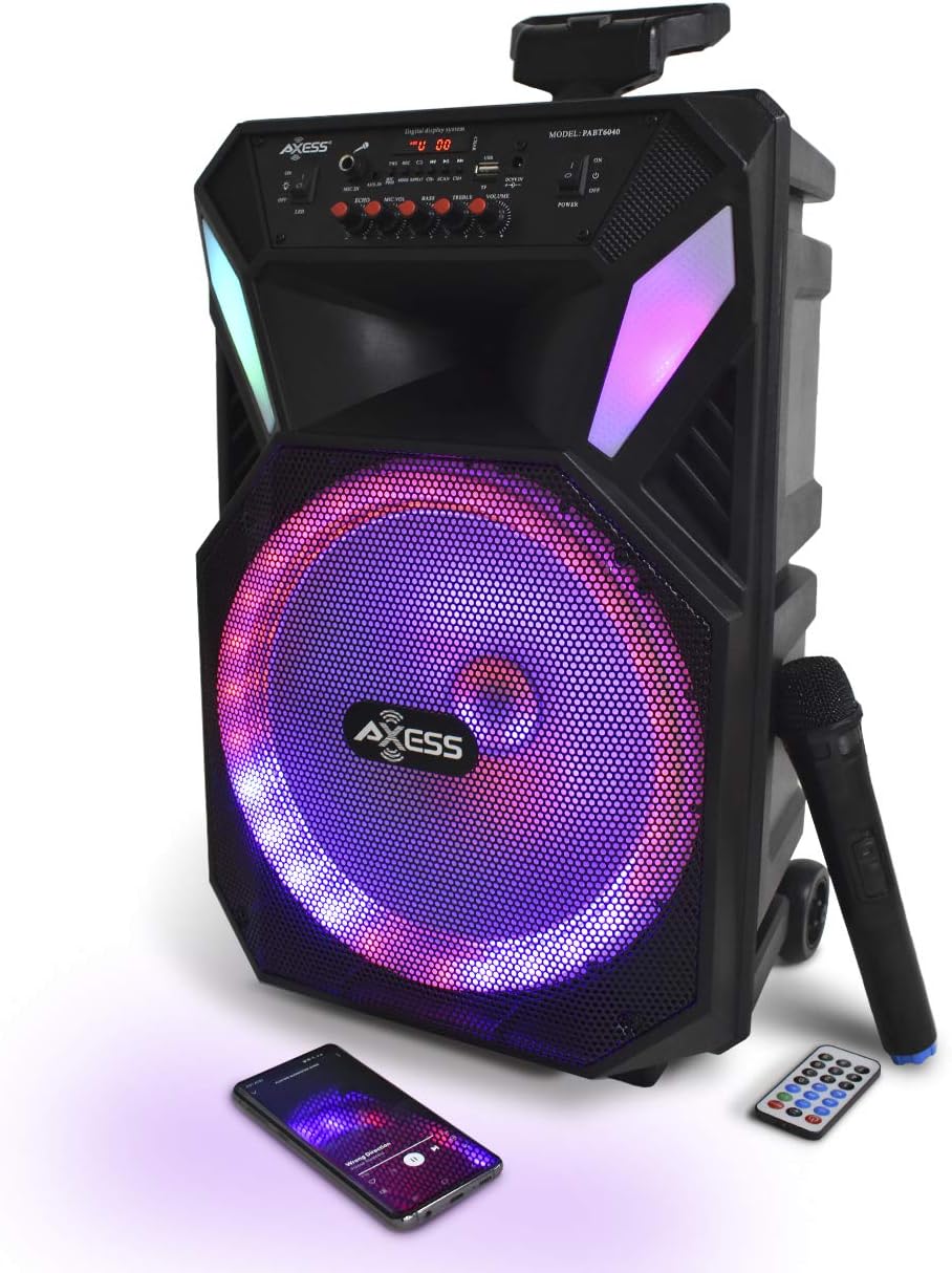 Bluetooth Speaker with 12” Woofer & 1.5 Tweeter, Portable PA Speaker with LED Lights, Wireless Mic, USB AUX TF Card FM & MIC V11978