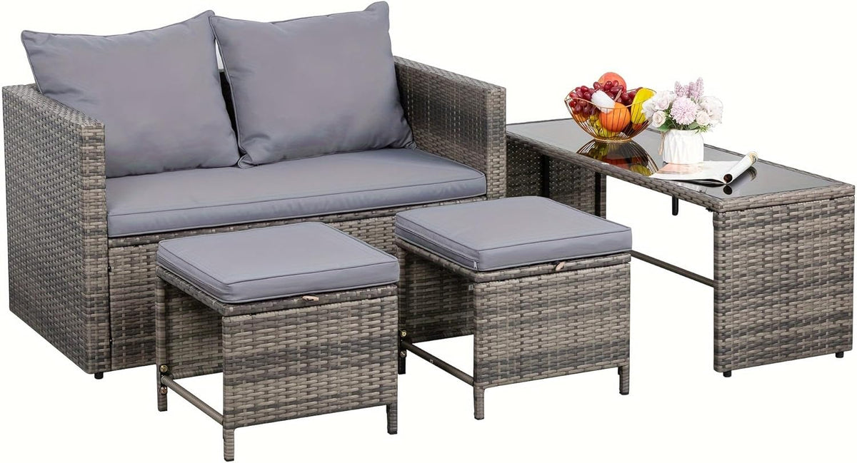 4 Piece Patio Furniture Set Outdoor Wicker Rattan Sectional Sofa with Cushions J1165