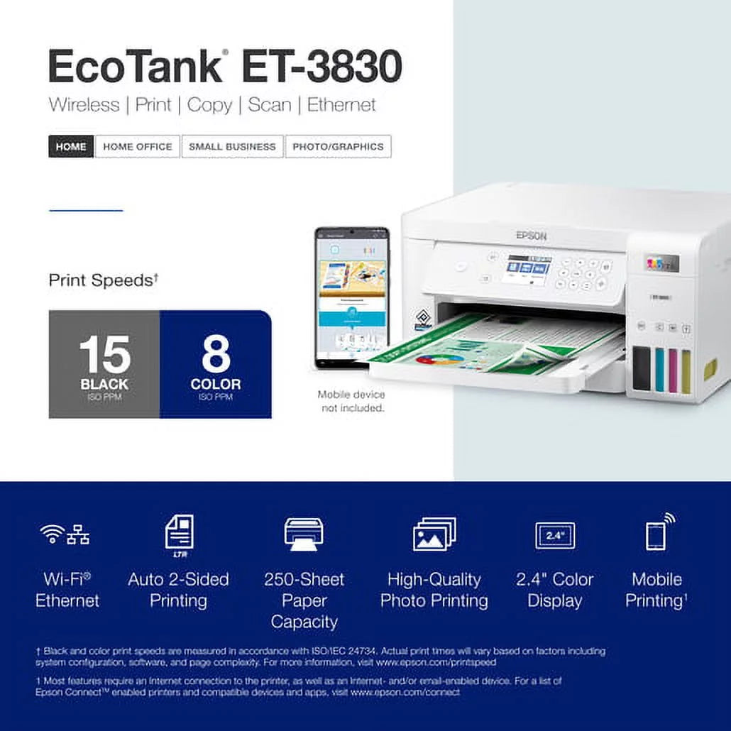 EcoTank ET-3830 Wireless Color All-in-One Supertank Printer with Scan, Copy, Auto 2-sided Printing and Ethernet X565