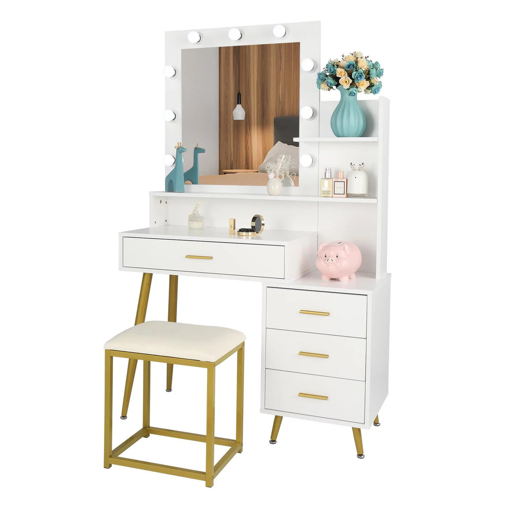 White Vanity Table Set with Lighted Mirror and 4 Drawers S165357