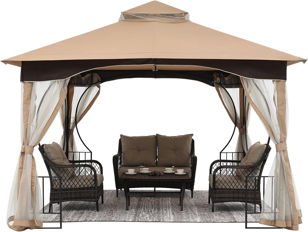 11x13 Patio Gazebo with Netting Screen Walls Beige S91049
